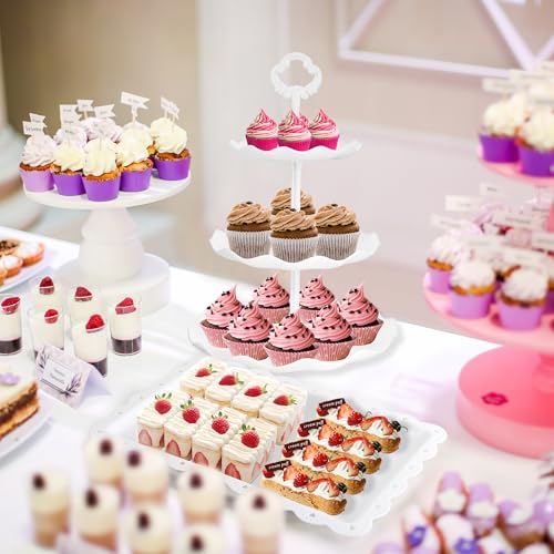 6 Pcs Cupcake Stand White Dessert Table Display Set 2 Pcs 3 Tier Plastic Cake Stand Holder 4 Pcs Dessert Serving Tray Cookie Platter Rack Tower for Tea Party Wedding Baby Shower