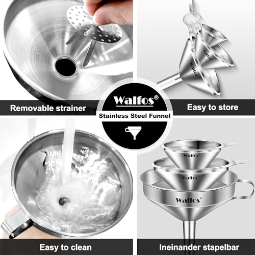 Stainless Steel Funnel, Walfos 3 Different Sizes of Kitchen funnels with 2 Removable Strainer ＆ 1Pcs Cleaning Brush, for Transferring of Liquid, Oils, Jam, Powder - color: 3pcs 5in+4in+3in Stainless Steel