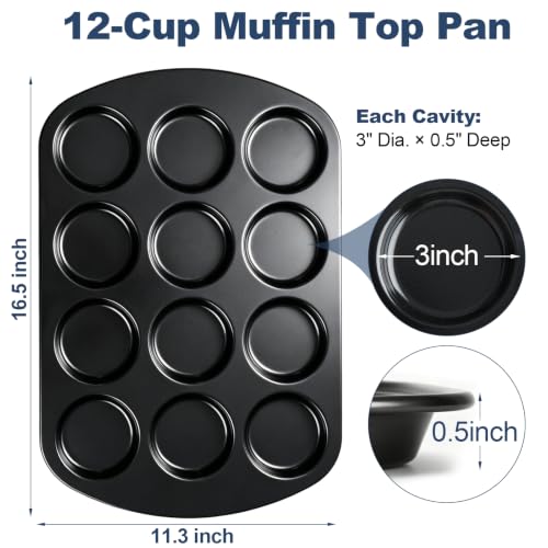 UWILLION Muffin Top Pan, 12 Cavity Nonstick Shallow Cupcake Pan, 3 Inch Carbon Steel Baking Tray, Oven Safe up to 450°F, for Muffin Tops, Eggs, Cornbread, Cookies, Whoopie Pies