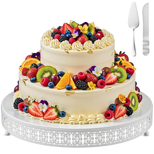 Wenqik White Metal Cake Stand 20 Inch with Cutting & Spatula - color: White, size: 20 Inch