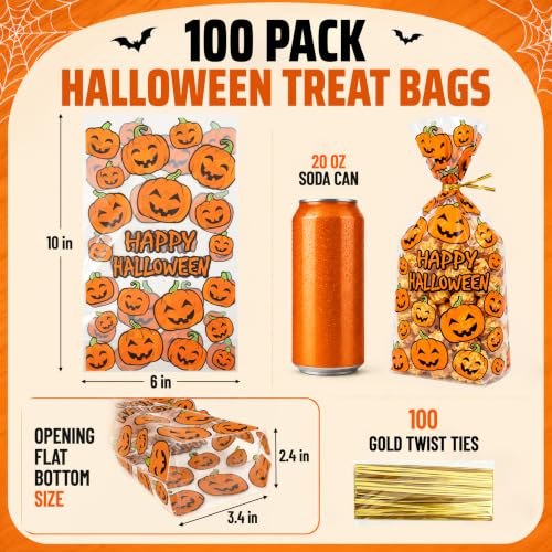 NPLUX 100 Pack Halloween Treat Bags,Twist Ties,Pumpkin Face,6x10x2.4 in - color: Halloween02