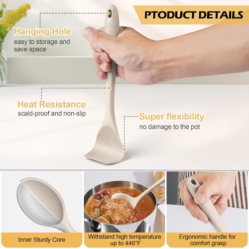 Homikit 15-Piece Kitchen Cooking Utensil Set, Silicone Utensils with Holder - color: Khaki