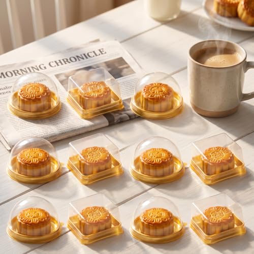 DOITOOL Clear Plastic Mini Cake Box 100 Pack Square Mini Cupcake Containers Mooncake Boxes Muffin Pod Dome Muffin Single Container for Wedding Birthday Supplies (Golden)