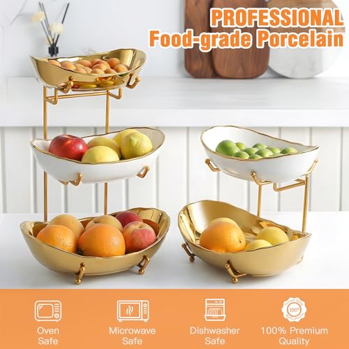 3 Tier Fruit Basket, Ceramic Fruit Bowl for Kitchen Counter 2 - color: Gold&White, size: Small