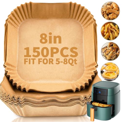 150 PCS Air Fryer Disposable Paper Liners,8 Inch Square Parchment Disposable Paper Liner for 5-8QT Air Fryer,Baking, Roasting and Microwave, Non-Stick Airfryer Accessories1