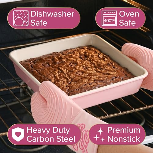 Paris Hilton 5-Piece Baking Pans Set, Nonstick Heart Pattern Bakeware Set with Heavy Duty Carbon Steel, Includes Square Pan, Round Pan, Loaf Pan, Roasting Pan & Cookie Sheet, 5-Piece, Pink - size: 5-Piece