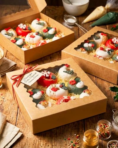 qiqee 10"x 10"x 2.5" Brown Pie Boxes with Window 120Packs Cookie Donut Bakery Box (Auto-pop Up) - color: Brown, 120Packs