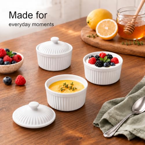 Ceramic Ramekins with Lids, 5.5 Oz Kitchen Containers, 5 Pack - color: White