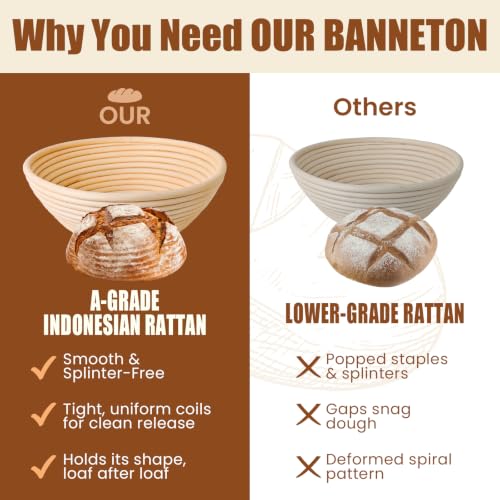 Sourdough Starter Kit, Sourdough Bread Baking Supplies, Banneton Bread Proofing Basket with Starter Jar, Dough Whisk, Scrapers, Recipe, Round Bread Proofing Basket, for Bread Baking
