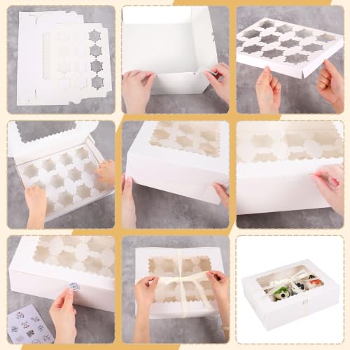 Whaline 6 Sets Mini Cupcake Holder Boxes 12-Count White Bakery Cupcake Container with Window Satin Ribbon Sticker for Wedding Birthday Party Supplies