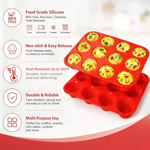 12 Cup Regular Size, Muffin Pans for Baking Nonstick 2 Pcs, Food-Grade Silicone Baking Molds for Baking & Cupcake Pan(red)