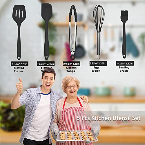 Silicone Kitchen Cooking Utensils Set Kitchen Spatula Set with Holder,5 pcs Heat Resistant Silicone Kitchen Utensils Gadgets Tools Set for Nonstick Cookware,Dishwasher Safe (Black) - color: Black-5Pcs