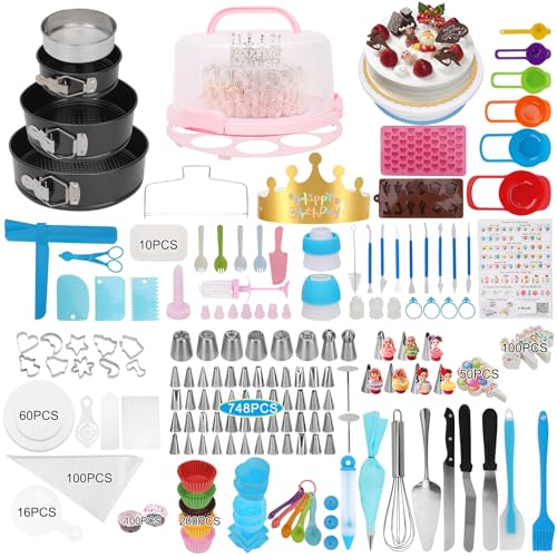 Cake Decorating Kit, 748 Pcs Cake Decorating Supplies with 3 Springform Pans Cake Carrier Turntable Cupcake Liners Cake Topper Piping Bags Tips for Beginner Professional Easter mom Gifts