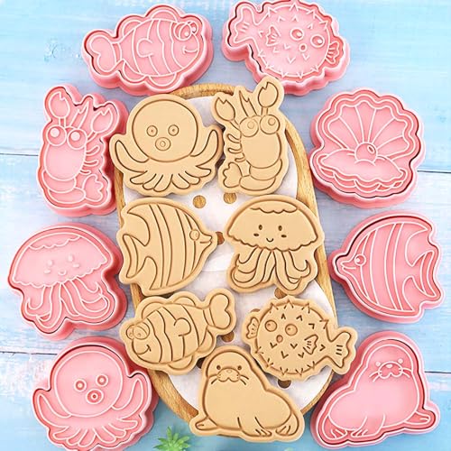 8 Mini Ocean Animal Cookie Cutters Set, 3D Raised Design Animal Embossing Stamps, Sea Lions, Jellyfish, Lobsters, Agouti, Octopus, Clown Fish, Pearl Clams Baking Molds(Ocean-2) - color: Ocean-2