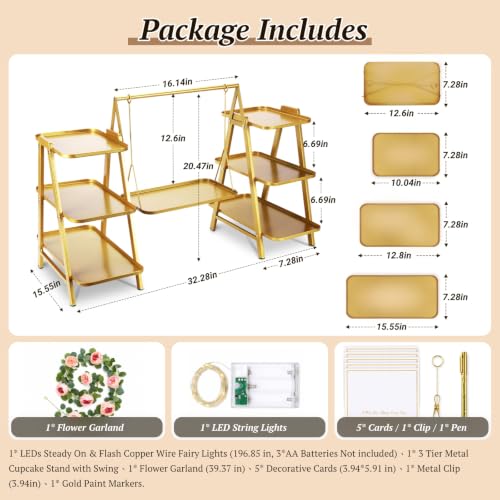 Metal 3 Tier Cupcake Stand with Fairy Lights, Flower Garland,Gold - color: 2-Gold