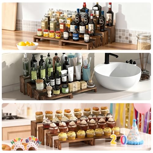 Large 2 Set Stackable Wooden Cupcake Stand Tiered Riser Display Stands for Vendor Events Vendor Booth Display Items Farmhouse Decor Wood Dessert Table Display Set (Dark Brown, 2Pack)