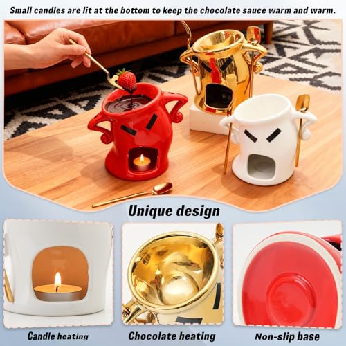Mini Ceramic Fondue Set: Chocolate Fondue Melting Cup, Cheese Fondue Pot, Candy Mini Fondue Cups with 1 Fork & 1 Scoop - Food-Safe Gift for Parties, Gifts, Cozy Nights (White) - color: White