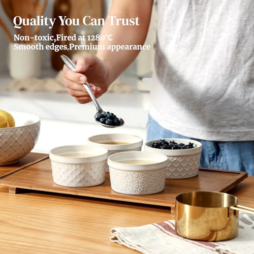 DOWAN Ramekins Oven Safe with Lids 4 oz, Charcuterie Boards Bowls Set for Creme Brulee, Souffle, Dipping Sauces, Custard Cups Ceramic Food Storage Containers, Set of 6, Beige - size: 4 oz