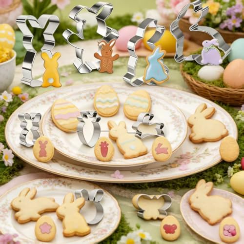 Cookie Cutters Set, 12PCS Stainless Steel Baking Molds with Bunny Egg Carrot Flower Shapes, Spring Cookie Cutter Set for Cookies, Biscuit, Fondant, Baking Supplies