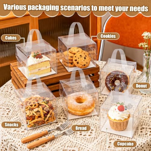 RAINFLOW 6 Packs Clear Cake Boxes with Handle - 6x6x5 Inch Gift Treat Boxes