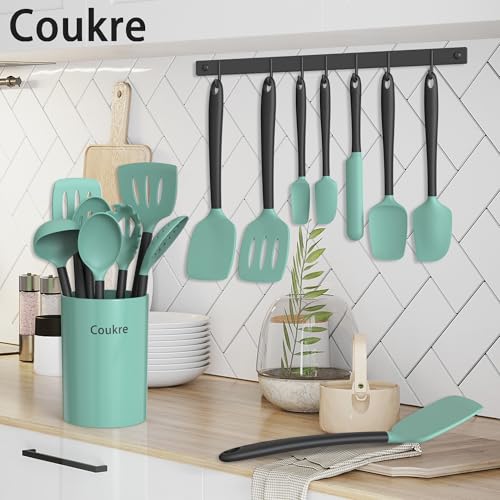 Coukre Silicone Kitchen Cooking Utensils Set, Heat Resistant, 14-Piece - color: AquaGreen