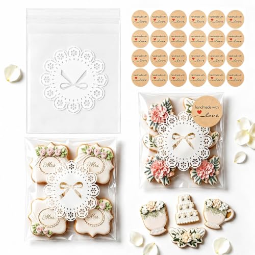 100 PCS Self Sealing Cookie Bags, Lace Bow, 4 x 4 Inch with 108 Stickers