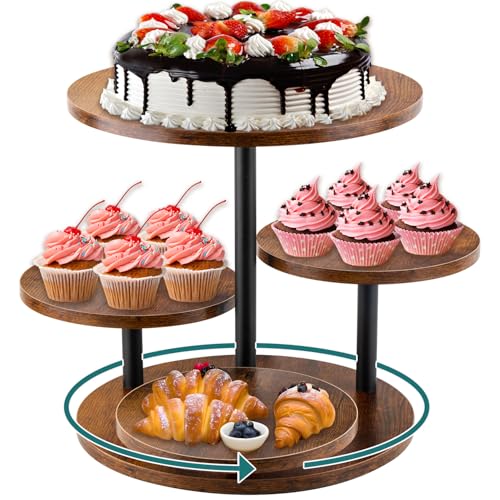 4-Tier Rotating Wood Cupcake Stand for 50 Cupcakes, 360° Rustic Farmhouse Cake Tower with Tiered Trays, Elegant Dessert Display for Weddings, Birthdays, Baby Showers & Tea Parties
