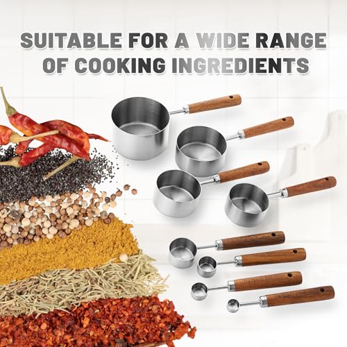 Premium Wood Handle Stainless Steel Measuring Cups and Spoons 8PCS - color: Silver8