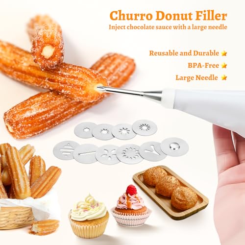 Churro Maker Stailness Steel, Cookies Press with 4 Discs for Hollow Churro,5 Cookies Discs, 6 Icing Piping Nozzle, Piping Bag, 2 Clean Brushes, Churros Gun Kit Machine for Churro