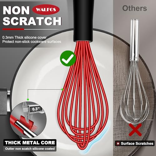 Walfos Whisk, Silicone Whisk Heat Resistant (480°F) Kitchen Whisks Set of 4- Professional Whisks For Cooking Non Scratch, Balloon Egg Whisk Perfect for Frothing, Blending, Beating - color: 4pcs Colorful;5+7+9+11in