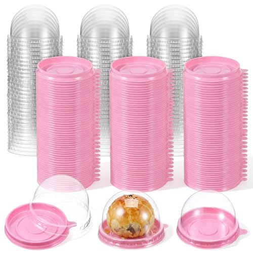 200 Set Mini Cupcake Boxes, 2.76x2.76x2 inch Clear Plastic Container Box with Pink Base & Dome Lid for Muffin, Pastry, Dessert, Mooncake, Wedding Birthday Party Supplies