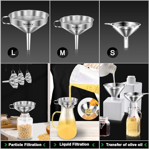 Stainless Steel Funnel, Walfos 3 Different Sizes of Kitchen funnels with 2 Removable Strainer ＆ 1Pcs Cleaning Brush, for Transferring of Liquid, Oils, Jam, Powder - color: 3pcs 5in+4in+3in Stainless Steel