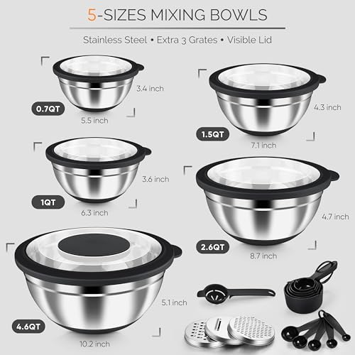 HaWare Stainless Steel Mixing Bowls with Airtight Clear Lids, 24PCS, Black - color: Black