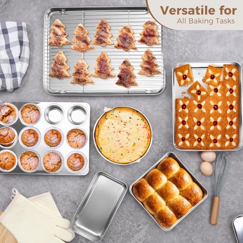 E-far 9-Piece Baking Pan Set, Stainless Steel Bakeware Sets for Sheet Cake Cookie Loaf Muffin, Include Baking Sheet, Round Square Rectangle Baking Pan & Cooling Rack, Dishwasher Safe - size: 9-Piece Set