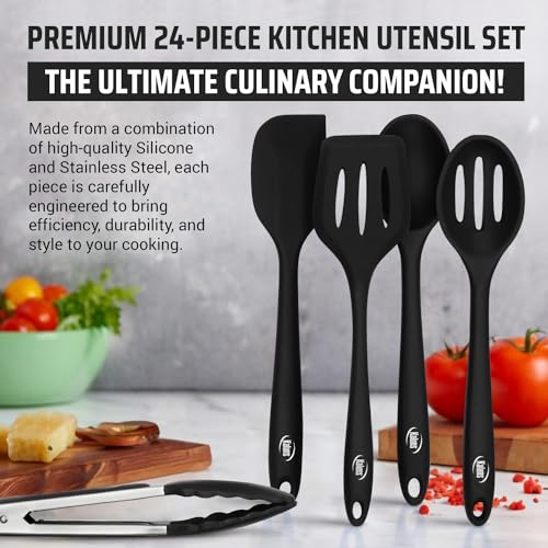 Kaluns Silicone Kitchen Utensils Set 24 Pcs Silicone Cooking Utensils Set - Can Opener, Masher, Turner, Spatula 446°F Heat Resistant Non-Stick - Premium Utensil Set - color: Black