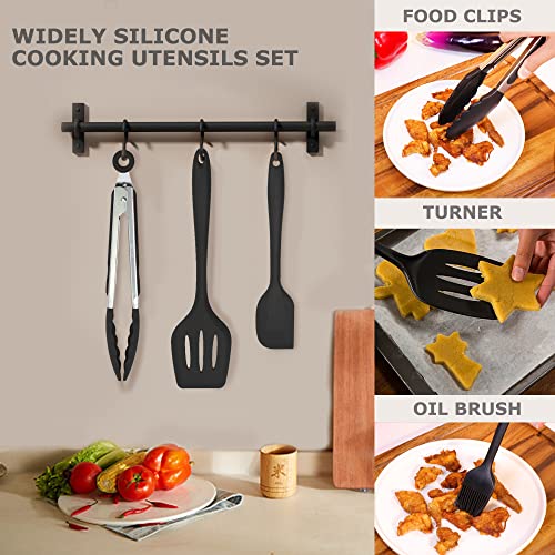 Silicone Kitchen Cooking Utensils Set Kitchen Spatula Set with Holder,5 pcs Heat Resistant Silicone Kitchen Utensils Gadgets Tools Set for Nonstick Cookware,Dishwasher Safe (Black) - color: Black-5Pcs