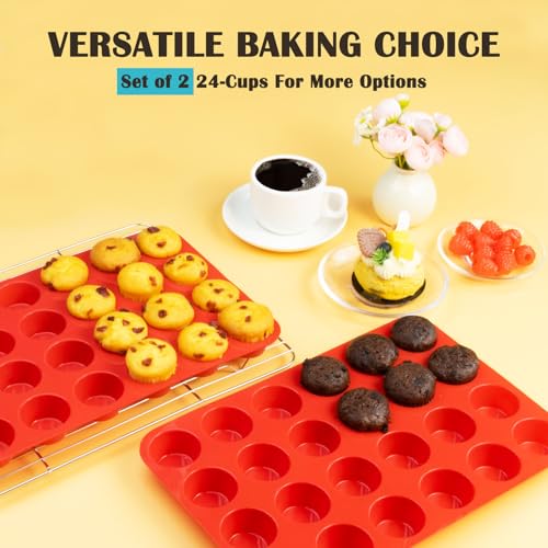 24 Cups Silicone Mini Muffin Pan Set, Nonstick Mini Cupcake Pans, BPA Free Small Muffin Tin for Baking, Set of 2 (Red+Red) - color: Set of 2--24 Cups (Red+Red)