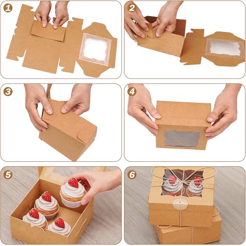 50Pcs 6x6x3 Inch Cookie Boxes with Window, Boxes for Baked Goods - size: Medium-Brown