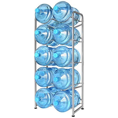 5 Gallon Water Bottle Holder for 10 Bottles, 5 Tiers Heavy-Duty Water Cooler Jug Rack with Reinforcement Frame for Kitchen Office, Silver Grey - color: Silver Grey
