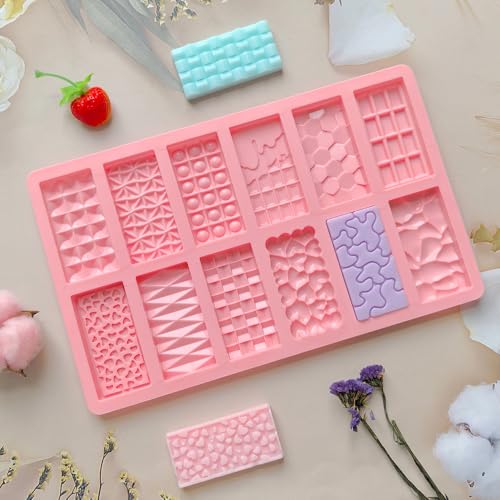 3Pcs Mini Silicone Chocolate Bar Molds, 12 Different Cavities Break Apart Non-stick Chocolate Bar Candy Jello Crayon Gummy Soap Molds 0.39” Thickness Wax Melt Molds for Milk Pistachio Chocolate Bar