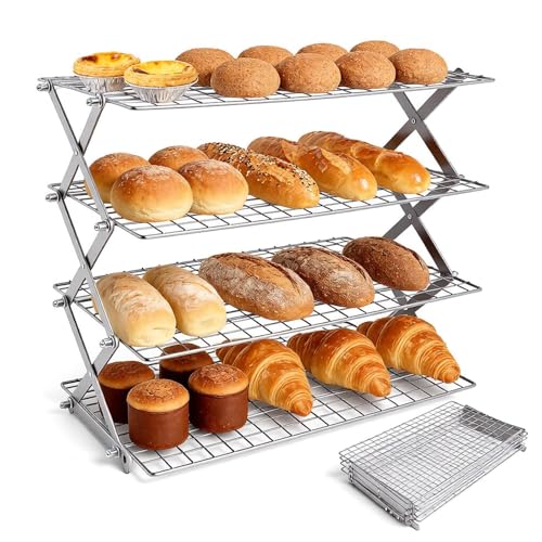 4 Tier Collapsible Cooling Rack, 2/3/4-Tier Upgraded,Adjustable ＆ Stackable Baking Rack, 5 Modes Cooling Racks for Cooking and Baking, Roasting ＆ Grilling Gifts for Picnic Party - color: B4-white