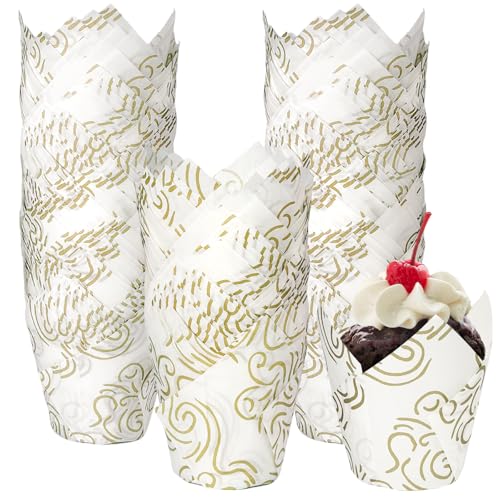 250Pcs Tulip Cupcake Liners,Parchment Paper Cupcake Liner in Standard Size - color: White Golden Cloud