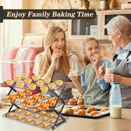 Pleafind 3 Tier Collapsible Cooling Rack - 4 Setting Design, Adjustable ＆ Stackable Baking Rack with X-Shaped Design and Leak-Proof Mesh Surface, Cooling Racks for Cooking and Baking, Dishwasher Safe - color: Light Black
