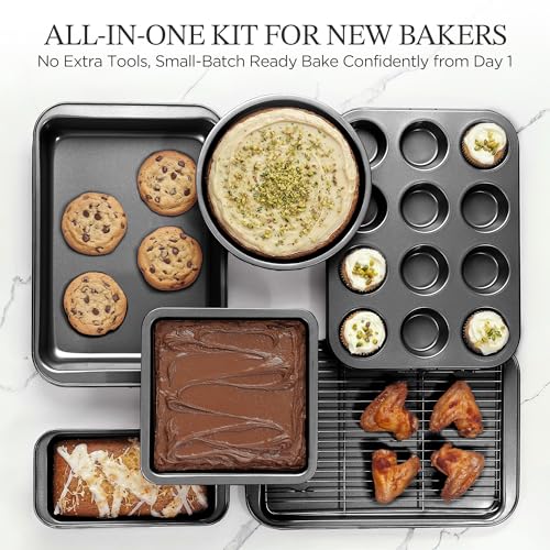 KITESSENSU Compact Baking Pans Sets, Nonstick Bakeware Sets 19-Piece with Round/Square Cake Pan, Loaf Pan, Muffin Pan, Cookie Sheet, Roast Pan, Cooling Rack, Carbon Steel Bake Set - size: Gray