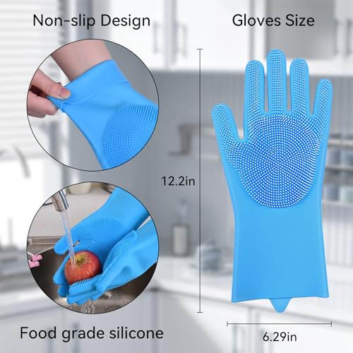 Silicone Dishwashing Gloves with Scrubbers, Pet & Dish Scrubbing（1pair, 12.2" L）