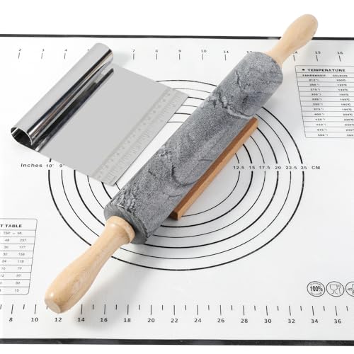African Natural Marble Rolling Pin, Non-Stick Polished Dough Roller, Pasta, Dumpling, Fondant, Pie Crust, Bread, Pizza Dough, Kitchen Baking Pastry Tools with Mat/Scraper(Monte Grigio) - color: Grey Marble with Pastry Mat