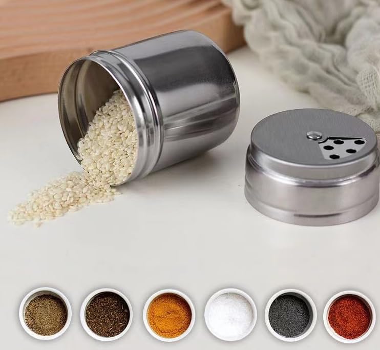 2 PCS Stainless Steel Salt and Pepper Shaker Seasoning Cans with Adjustable Pour Holes for Salt Powder Sugar Cinnamon Pepper Kitchen Dinner Table Cooking Baking Camping Tool