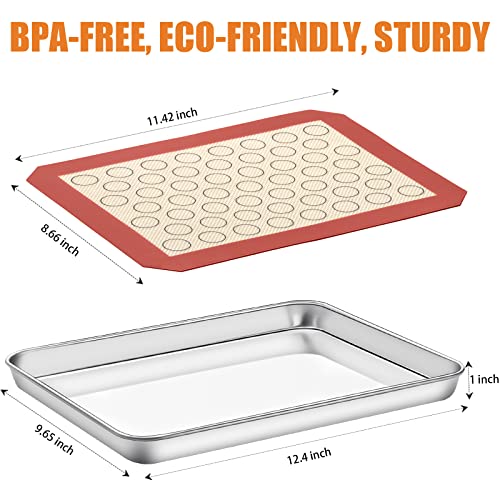 Baking Sheet with Silicone Mat Set of 4 [2 Sheets + 2 Mats], Deedro Stainless Steel Cookie Sheet Baking Pan with Silicone Baking Mat, 12 x 10 x 1 Inch, Non Toxic, Heavy Duty, Easy Clean - size: 12 inch