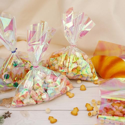 MS.YANGJI 100 PCS Cellophane Treat Bags,6x9 Inch Holographic Bags with Twist Ties,for Holiday Valentines Party Weddings Birthday Party Gift Wrapping - size: 6x9inch