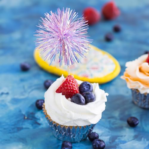 Ephlyn 30Pcs Foil Firework Cupcake Toppers Party Birthday Cake Toppers Supplies Sparkle Tinsel Cocktail Fruit Toothpick for Birthday Wedding Graduation Party Purple - color: Purple, style: Style 2